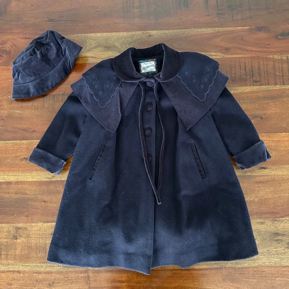 Rothschild Coat Set Girls 3T Navy Blue Vintage Wool Velvet Cape Hat Embroidery - Picture 3 of 15